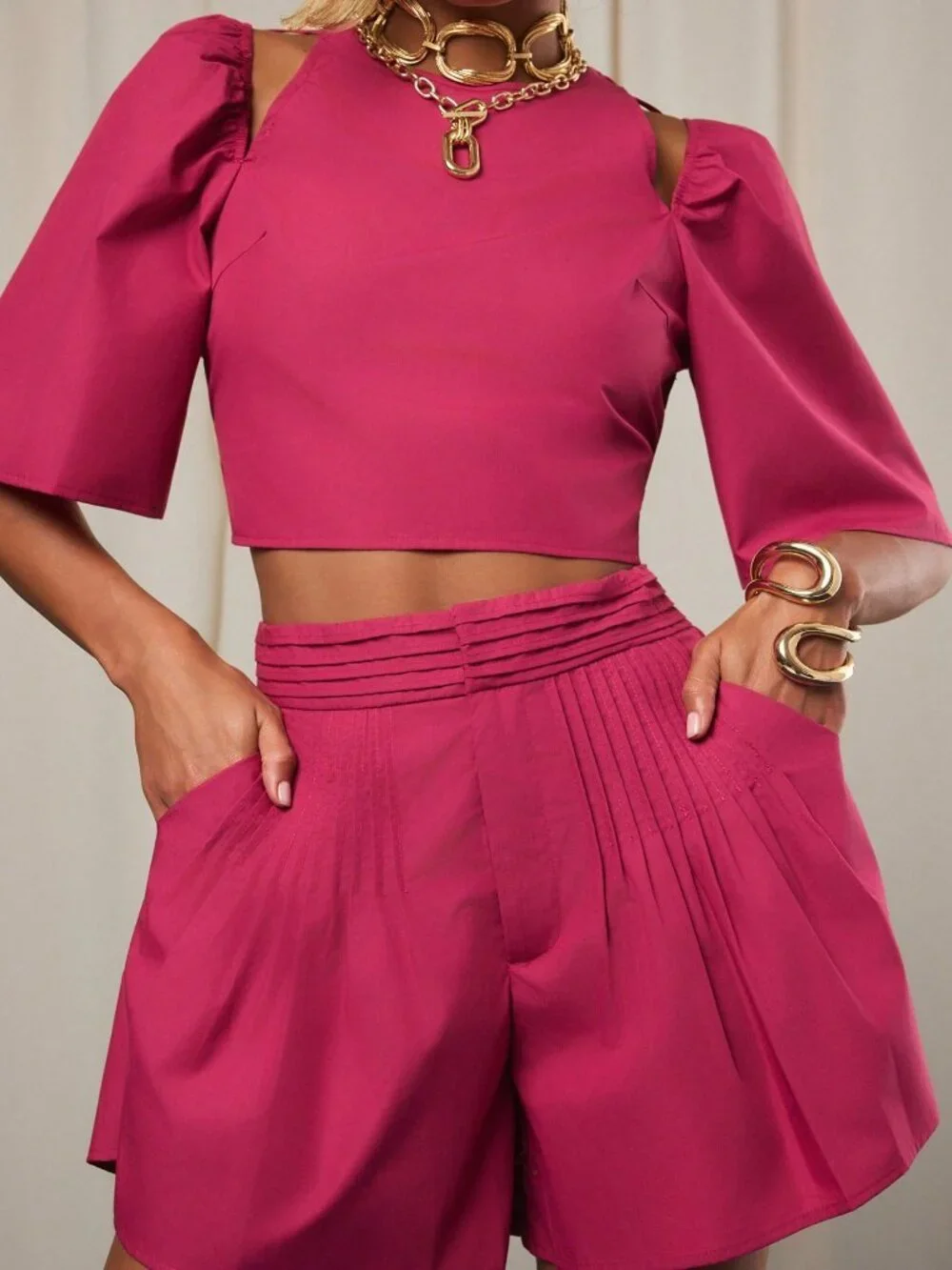 Hot Pink Casual Women's Matching Set with Puff Sleeve Trouser Bottoms